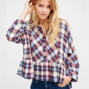 Free People Red Plaid Ruffle Promise Everything Shirt Boho Grunge Size XS